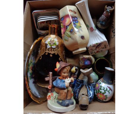 A box containing collectable ceramics including Goebel figure, Anysley bud vases, etc.