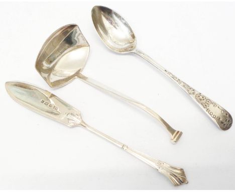 Silver small ladle, butter knife and teaspoon