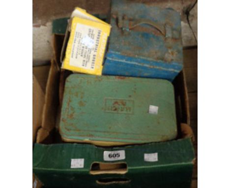 A box containing vintage tools and tins