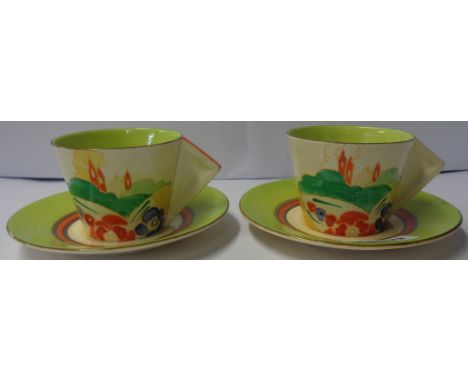 Two matching Clarice Cliff Bizarre Alton pattern conical coffee cups and saucers