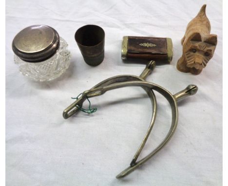 A novelty 'Just a Thimbleful' shot, wood snuff box, spurs, etc.
