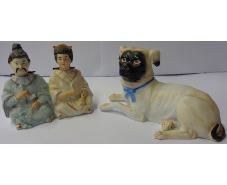 A Chinese nodding figure group - sold with a continental bisque porcelain pug