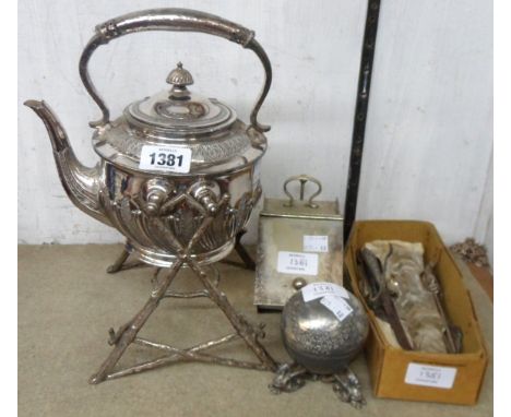 A silver plated spirit kettle on rustic pattern stand, globular inkwell, coal scuttle shaped sugar bowl, etc.