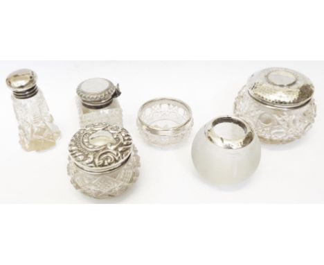 A silver mounted ribbed glass vesta stand, two silver topped cut glass pots, and bowl similar, scent bottle and a damaged ink