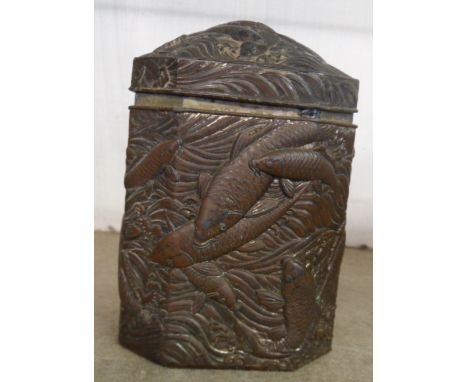 A Japanese antimony tea caddy with allover carp decoration and internal lid - a/f