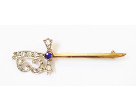 An unmarked yellow metal sword pattern stick pin, set with old cut diamonds and small sapphire