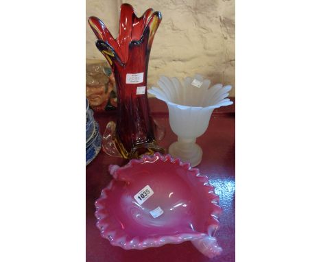 An art glass ruby vase - sold with a shell shaped dish and an opaque pedestal vase