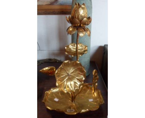 A Hong Kong kitsch pressed brass lotus pattern table lamp