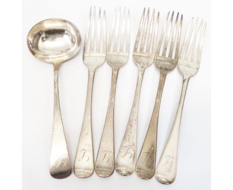 Three matching Victorian silver dinner forks, two late Georgian similar and a Victorian ladle