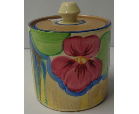 A Clarice Cliff Bizarre Pansies pattern jam pot - small chip to rim