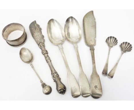 A pair of Victorian silver fiddle pattern dessert spoons - sold with two silver slices, one with ornate decoration the other 