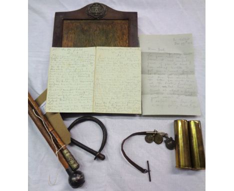 A small collection of First World War militaria relating to Lt. R. E. Lucy, Northamptonshire Regiment including swagger stick