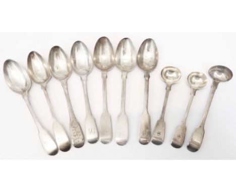 Four late Georgian silver fiddle pattern teaspoons and three Victorian similar - sold with a pair of salt spoons and small la