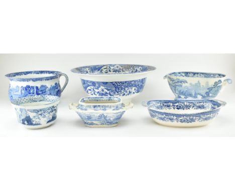 A collection of six pieces of 19th century blue and white stoneware ceramics, some in Willow pattern style. The lot to includ