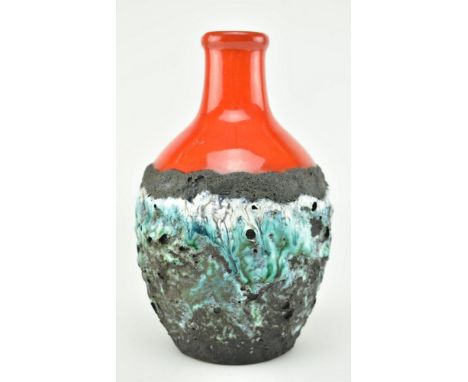 A vintage mid 20th century studio pottery ceramic fat lava vase. The vase likely West German in origin, with red stoneware ne