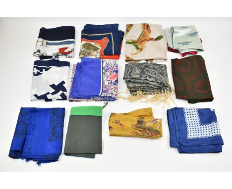 A collection of twelve vintage designer silk scarves, including examples by Liberty of London, Jean de Bahrein, Alexon and Ja