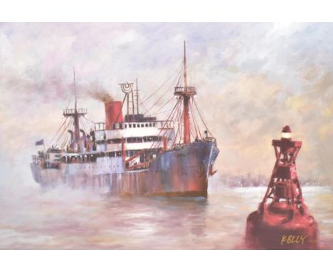 John Patrick Kelly - First Light - a limited edition late 20th century giclee on canvas painting depicting a maritime scene. 