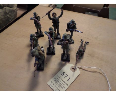8 Elastolin/Duro German Army Soldiers. 2 soldiers standing shooting, 1 laying down shooting, 1 kneeling shooting, 1 just been