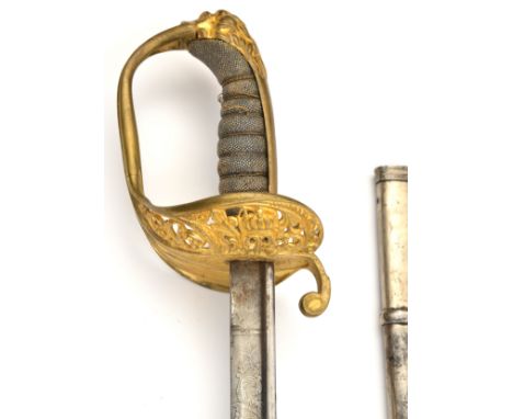 An early 20th century continental infantry officer’s sword, pipe back blade 31”, etched with a star, coat of arms and foliate