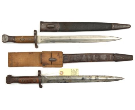 A P1888 Mk 1 bayonet, 2 rivets and oil hole in grip, with scabbard, and a commercial type P1888, no oil hole or markings, wit