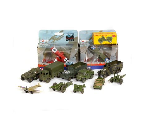 13 Dinky Toys Military vehicles, etc. One boxed example - Water Tanker (643), Plus loose items- an Army Wagon, 7.2 Howitzer, 