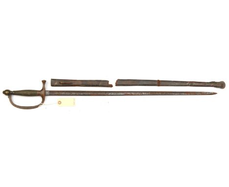 A US infantry officer’s sword, straight fullered blade 28¼”, marked US 1862 at forte, solid brass hilt with floral quillon, p