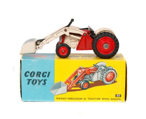 Corgi Toys Massey-Ferguson Tractor with Shovel (53). In red and cream with red plastic wheels black rubber tyres. Cream rams 