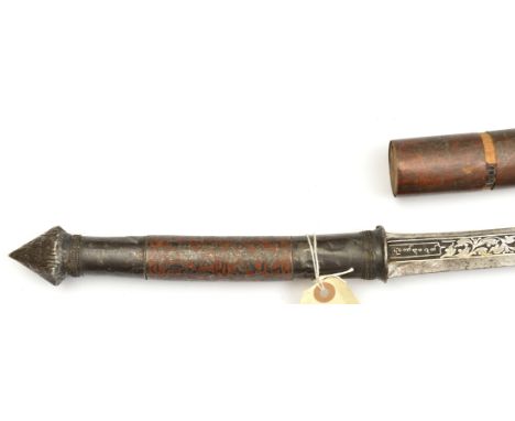 A 19th century Burmese sword dha,  slightly curved fullered blade 24½”, with silver inlaid full length panels on both sides, 