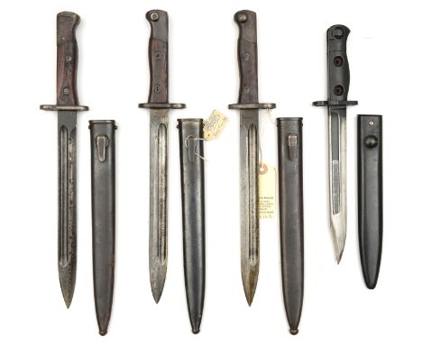 3 Thai Mauser bayonets,  script stamps at forte, in steel scabbard; and a L1A3 bayonet in scabbard. GC (4)                   