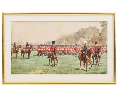 A pair of watercolour paintings by Richard Simkin of a volunteer battalion The Royal Fusiliers, the first showing them marchi