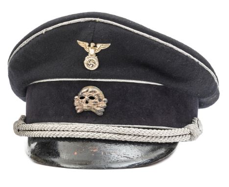 A good scarce Third Reich Allgemeine SS officer’s visor cap, with WM eagle and death’s head insignia, silver bullion piping a