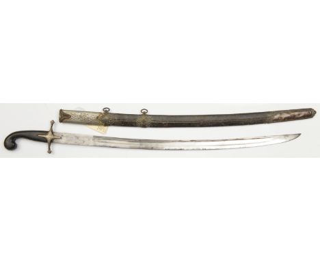 A Turkish sword, slightly curved blade 30” with 2 narrow and one broad fullers, the mameluke hilt with punch decorated white 