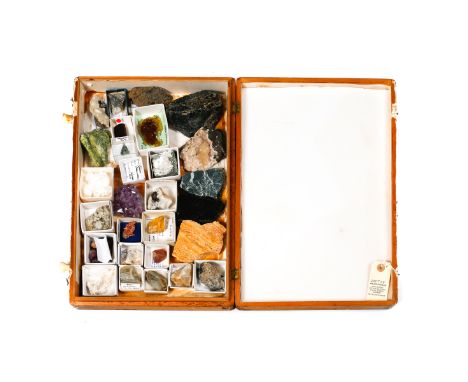 A wooden museum storage box containing mineral specimens and crystals. Including Fluorite from Spain, Apophyllite, Amethyst f