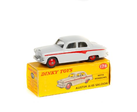 Dinky Toys Austin A105 Saloon (176). Example in light grey with red flash to sides, red wheels with black treaded rubber tyre