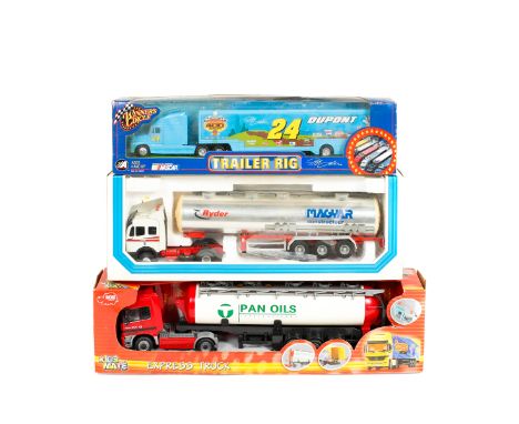 A quantity of basic plastic and metal commercial vehicles (toys). A Road Maintenance Gift Set. 2 Latticed Mast Crane sets. Pl