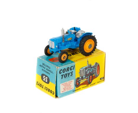 Corgi Toys Fordson 'Power Major' Tractor (55). In mid blue with orange plastic wheels and black rubber tyres, headlights moun