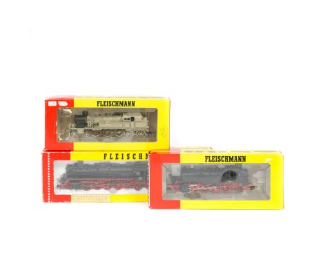 3 Fleischmann HO gauge German Outline locomotives. A DB Class BR 041 334-4 2-8-2 tender loco in black and red. A DB Class 86 