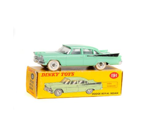 Dinky Toys Dodge Royal Sedan (191). In light green with black flash, dished spun wheels with white rubber tyres. Boxed, minor