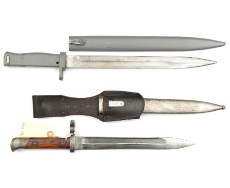 An Austrian M1888 Mannlicher bayonet, various stamps, in its steel scabbard with (worn) frog, and a German M88/98 all steel e