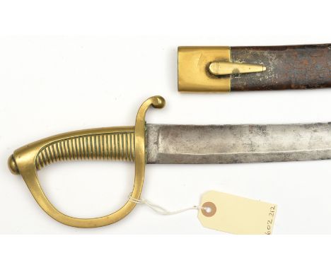 A 19th Century Prussian infantry sidearm, slightly curved, shallow fullered blade 26½” , with hatchet point, solid brass hilt