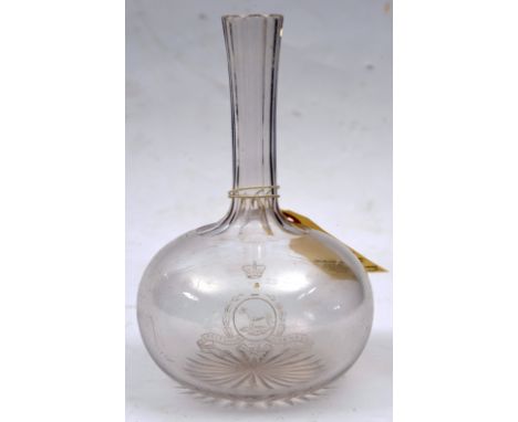 A Vic officer’s mess glass carafe of The R Dublin Fusiliers, facetted stem and rayed base, etched on  one side with crowned b