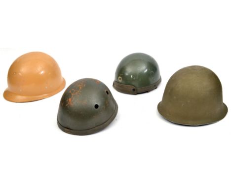 3 composition helmets:  French despatch rider, c 1970, with leather neck guard/ear pieces; French tank crew, 1951 patt (venti