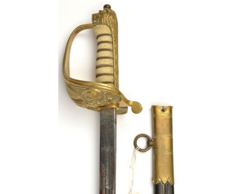 A Geo VI R Naval officer’s sword,  straight fullered blade 31”, by Wilkinson Sword, London (no visible no.) etched on one sid