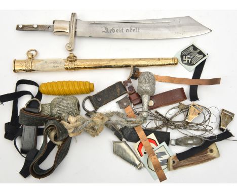 A small quantity of mostly reproduction Third Reich dagger parts, including blade and crosspiece for RAD man’s hewer, sheath 