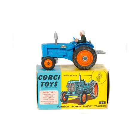 Corgi Toys Fordson 'Power Major' Tractor (60). In mid blue with orange plastic wheels. Complete with driver, exhaust, headlig