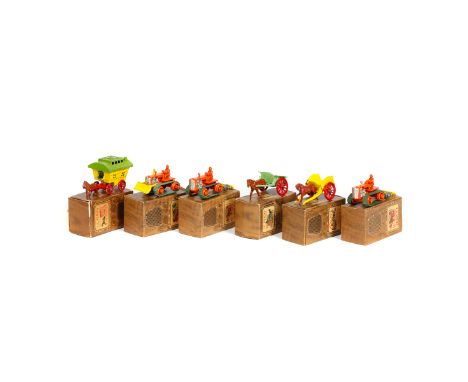 6 Benbros TV Series models. No.1 Horse drawn Hay Cart, No.5 Horse drawn Gypsy Caravan, No.6 Horse drawn Milk Cart with 5 chur