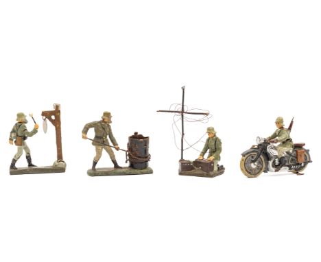 4 Elastolin German Army figures. Rare motorcycle outrider, soldier with radio set, soldier banging gas alert gong and soldier