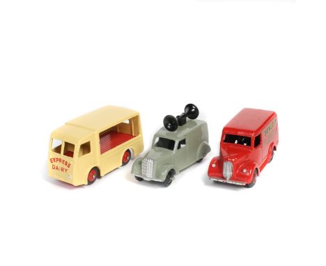 3 Dinky Toys. NCB Electric Van (30V/490) in cream and red livery, Express Dairy to front of cab, with red wheels. Plus a Troj