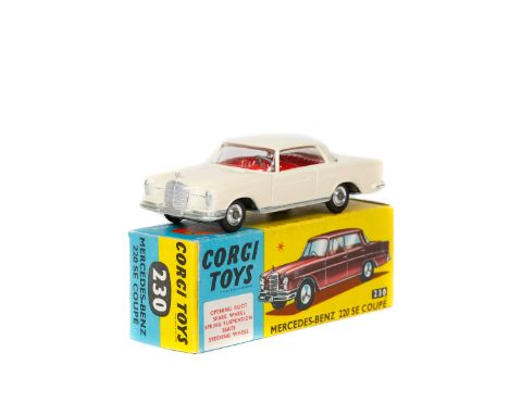 Corgi Toys Mercedes-Benz 220SE Coupe (230). In cream with red interior, small dished wheels and black rubber tyres. Boxed, wi