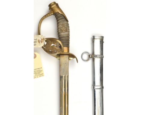 A Prussian 1889 pattern infantry officer’s sword,  blade 33”, the brass hilt having wire bound sharkskin grip and cypher of F